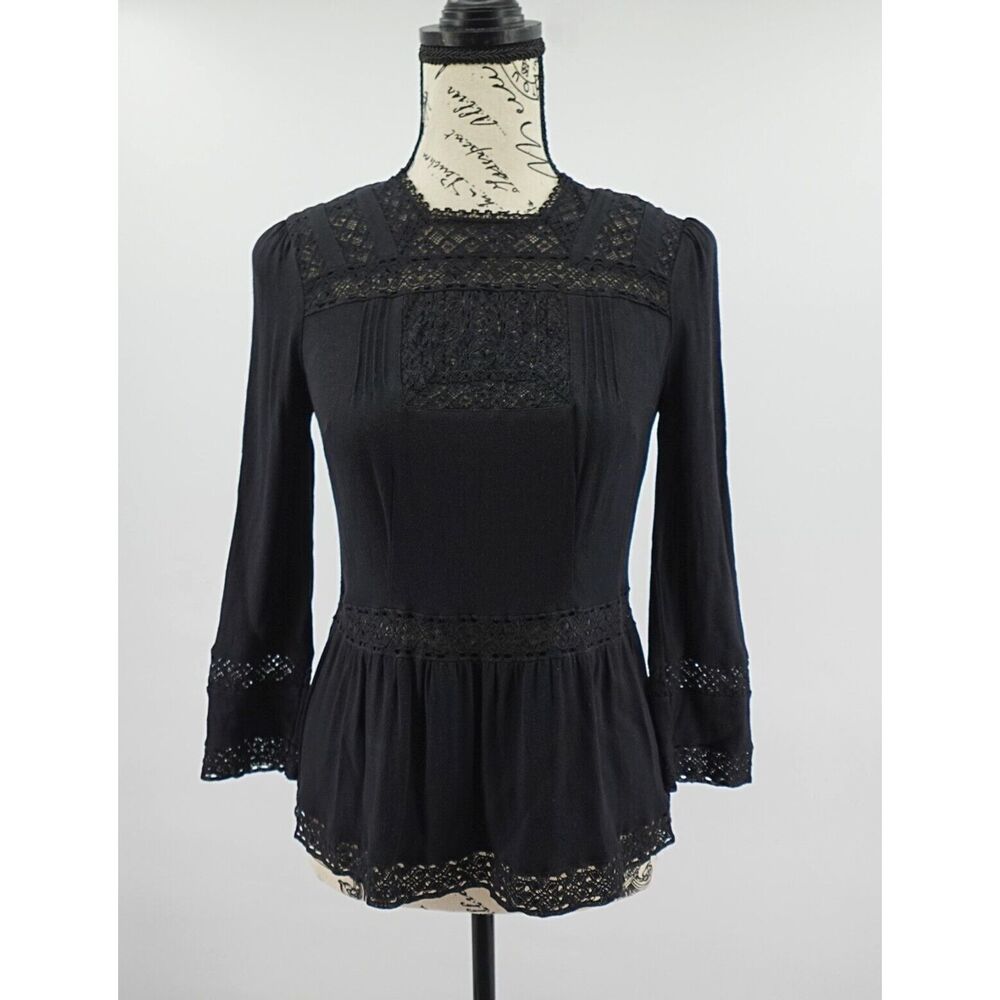 J Crew Point Sur‎ Top Womens 00 Black Peplum Lace Crochet Victorian Wimsigoth